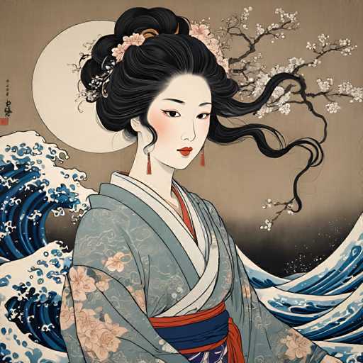 The image depicts a woman wearing traditional Japanese clothing, specifically a kimono with a blue and white floral pattern. The woman is positioned against the backdrop of a large wave crashing onto the shoreline, creating a sense of movement and dynamism in the scene.