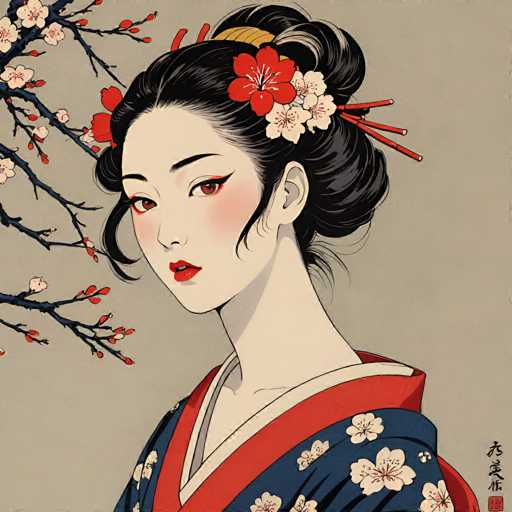 The image depicts a woman with dark hair wearing traditional Japanese attire and a flower in her hair. The background features a tree adorned with red flowers against a grayish-blue color scheme.