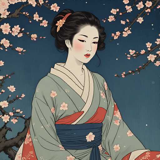 The image depicts a woman wearing traditional Japanese clothing, specifically a kimono with a red and white floral pattern. The woman is seated on the ground, facing towards the right side of the image. The background features cherry blossom trees in full bloom against a dark blue sky.