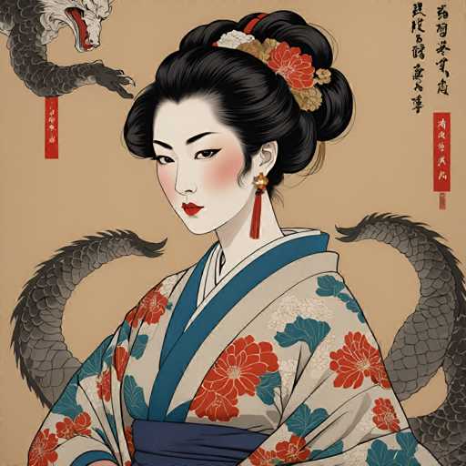 The image depicts a woman wearing traditional Japanese clothing with a blue and white floral kimono and red and gold accents. She is adorned with a flower in her hair and has a red headband on her forehead. The background features two dragons, one black and the other gray, which are depicted as fierce creatures. The art style of the image is reminiscent of traditional Japanese illustration, characterized by its use of bold colors and stylized forms.