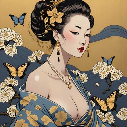 The image depicts a woman wearing traditional Japanese clothing and jewelry against a backdrop of white flowers and butterflies. The woman is positioned centrally within the frame, with her hair styled in an elegant updo adorned with gold flowers. She wears a blue dress that complements the floral theme of the background. The scene is rendered in a realistic style, capturing the intricate details of the clothing and accessories.