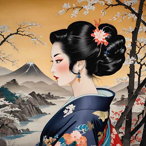 The image depicts a woman wearing traditional Japanese clothing with a blue and white floral kimono against an orange background. The woman is positioned facing the viewer, her gaze directed towards something outside of the frame. In the distance, there are mountains visible in the background, adding depth to the scene.