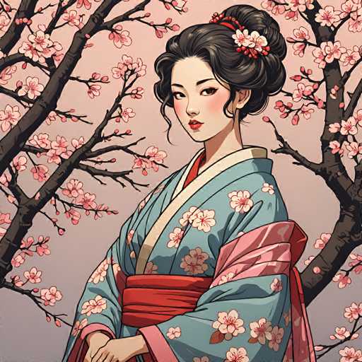 The image depicts a woman wearing traditional Japanese clothing, specifically a blue kimono with pink accents and a matching pink sash around her waist. The woman is positioned against the backdrop of cherry blossom trees in full bloom, their branches heavy with pink flowers that fill the entire background.
