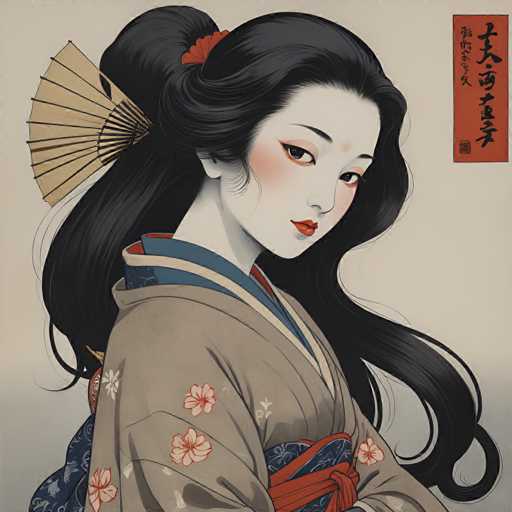 The image depicts a woman wearing traditional Japanese clothing, specifically a kimono with a red and blue floral pattern. The woman is positioned against a white background adorned with black text that reads "日本語" (Japanese) in the top right corner of the image.