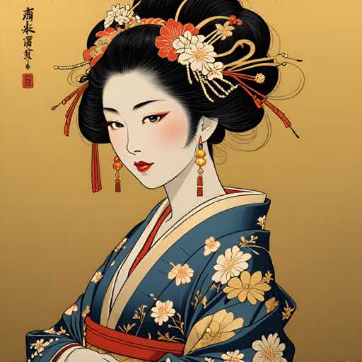 The image depicts a woman wearing traditional Japanese attire, including a blue kimono with gold accents and red sash. The woman is adorned with a flower in her hair and has a red headband on her forehead. She is looking directly at the camera with an expression of concentration or contemplation.