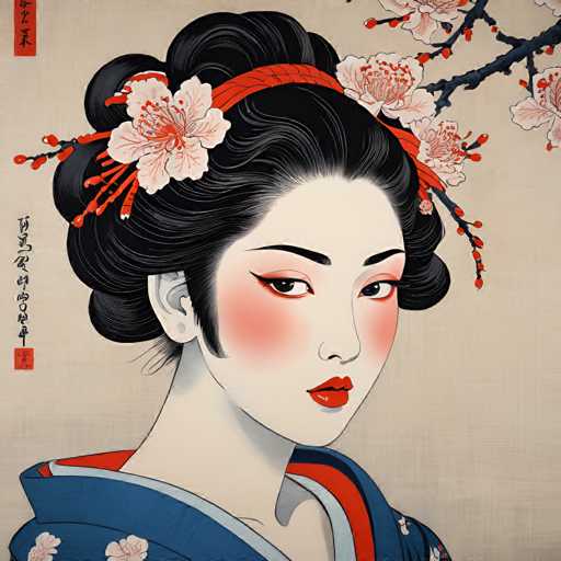 The image depicts a woman with black hair and red makeup on her eyes wearing traditional Japanese clothing. She is positioned against a white background adorned with cherry blossom branches and Chinese characters. The art style is realistic, focusing on the intricate details of the woman's features and attire.