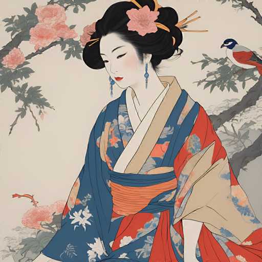 The image depicts a woman wearing traditional Japanese clothing with a blue and white floral kimono and gold earrings. She is standing against the backdrop of a tree filled with pink flowers. A bird can be seen perched on one of the branches above her head. The art style is realistic, focusing on capturing the intricate details of the woman's attire and surroundings.