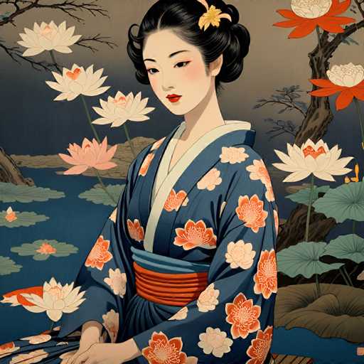 The image depicts a woman wearing traditional Japanese clothing with a blue and white floral pattern. She is seated on a rock surrounded by water lilies and other flowers, suggesting she may be in a garden or pond setting. The art style appears to be Japanese, characterized by the use of natural elements such as water lilies and flowers, along with an emphasis on harmony and balance within the composition.
The woman's pose is central to the image, drawing attention to her attire and the serene environment around her.