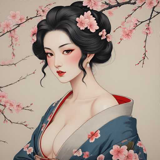 The image depicts a woman with black hair wearing a blue kimono adorned with pink cherry blossoms and white flowers. She is positioned against a backdrop of branches filled with pink cherry blossoms, suggesting the scene may be set in Japan during the spring season. The artist's style can be described as traditional Japanese art, characterized by its attention to detail and use of natural elements such as flowers and foliage.
The woman appears to be posing for the photo, which is a portrait-style image that focuses on her form rather than any specific action or event.