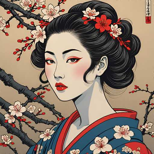 The image depicts a woman with black hair wearing traditional Japanese attire and makeup, including red flowers on her head. The background features cherry blossom trees with white blossoms against a brownish-orange color palette.