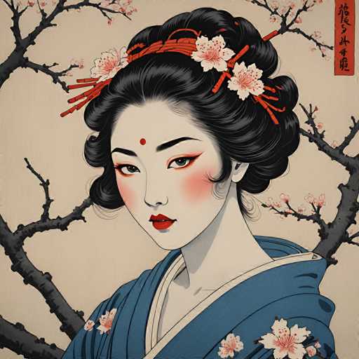 The image depicts a woman with black hair wearing traditional Japanese attire and a blue kimono adorned with pink flowers. She is positioned against the backdrop of cherry blossom trees, which are depicted in shades of red and white. The art style is reminiscent of traditional Japanese illustration, characterized by its use of bold lines and simple forms to create a sense of harmony and balance within the composition.