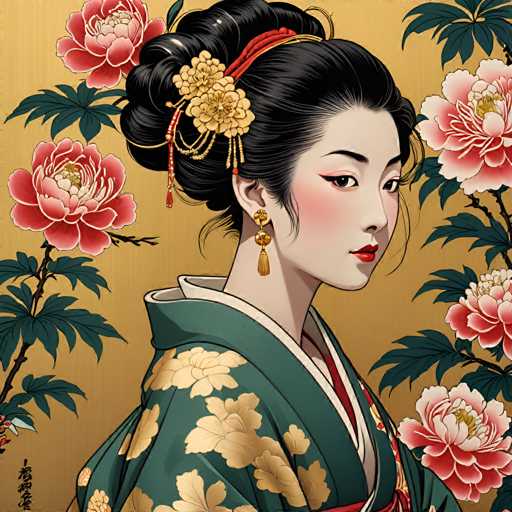 The image depicts a woman wearing traditional Japanese clothing and accessories. She is positioned against a backdrop of pink and red flowers, with the colors predominantly on her dress and hairpiece. The woman's face is partially obscured by her hair, adding an air of mystery to the scene.