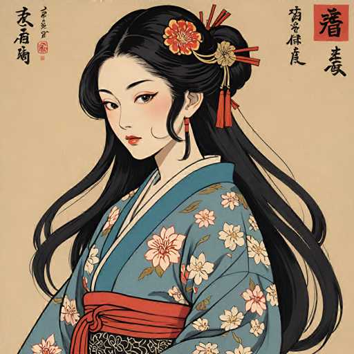 The image depicts a young woman wearing traditional Japanese clothing with a blue and white floral kimono and red sash around her waist. She is also wearing a flower in her hair and earrings on her ears. The background of the image features Chinese characters that are not legible, suggesting an oriental theme or context.