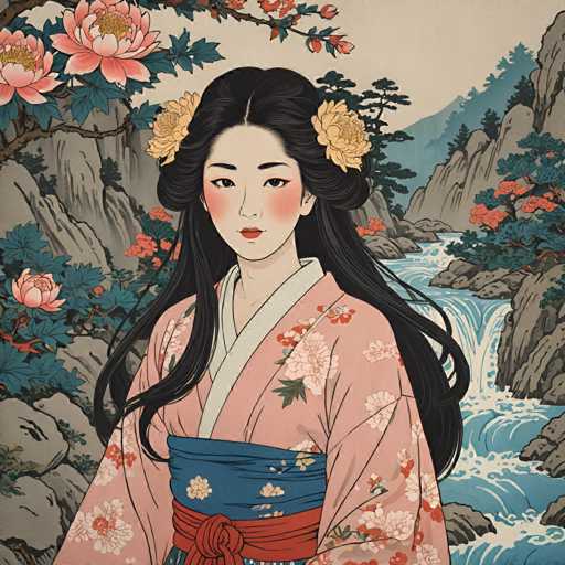 The image depicts a woman wearing traditional Japanese clothing, specifically a pink and white kimono with a red sash around her waist. She is standing against the backdrop of a waterfall surrounded by lush greenery, including trees and flowers in various colors such as pink, orange, and green. The artist's signature "sa_1896" can be seen at the bottom right corner of the image.