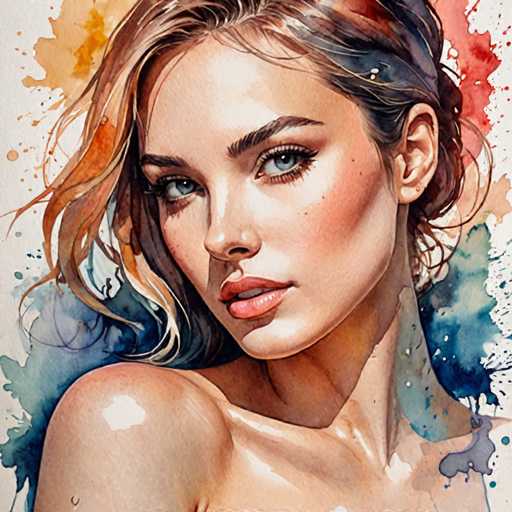 The image depicts a woman with long brown hair and striking blue eyes looking directly at the camera. The background is a vibrant mix of orange, yellow, green, and blue colors, creating an abstract backdrop that complements the subject's features.
