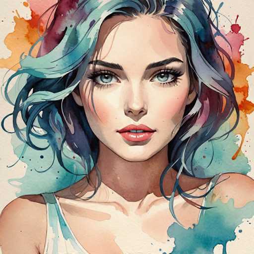 The image depicts a woman with blue hair wearing a white tank top and is surrounded by splashes of watercolor paint on the left side. The painting style appears to be realistic, focusing on capturing the subject's features and expression in detail.