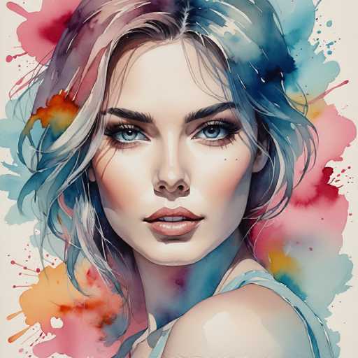 The image depicts a woman with blue eyes and blonde hair wearing a white top against a background of watercolor splatters in various shades of pink, orange, and yellow. The artist's signature is visible at the bottom right corner.