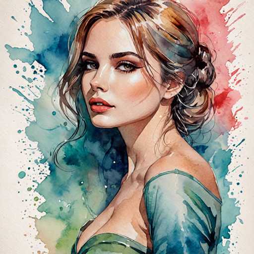 The image depicts a woman with long brown hair wearing a green dress and has her gaze directed off to the side. The background is a vibrant mix of blue, pink, and white colors, creating an abstract backdrop that complements the subject's features.