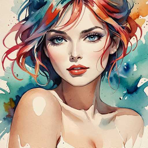 The image depicts a woman with vibrant red hair and striking blue eyes gazing directly at the camera. The background is a gradient of colors transitioning from light blue at the top to dark blue at the bottom, creating an abstract effect that complements the woman's appearance.