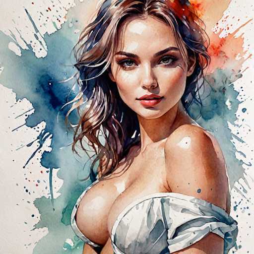The image depicts a woman with long brown hair wearing a white top and skirt. She is looking directly at the camera with an expression of concentration or contemplation. The background features splashes of blue and red paint, creating a vibrant and dynamic atmosphere around the subject.