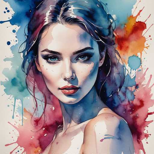 The image depicts a woman with long dark hair and striking blue eyes looking directly at the camera. The background is a vibrant mix of red, orange, and purple splatters, creating an abstract backdrop that contrasts with the woman's figure.