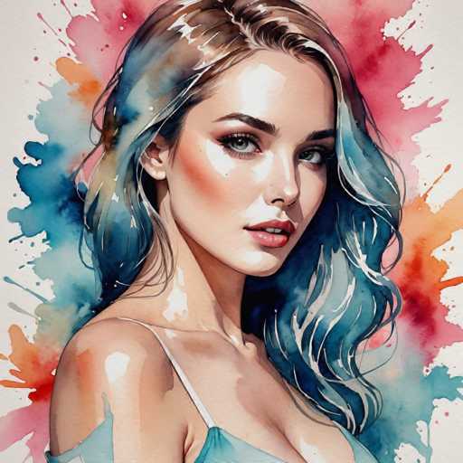 The image depicts a woman with long hair wearing a blue dress and red splatters on her face. The background is a gradient of colors that blend into each other, creating an abstract effect.