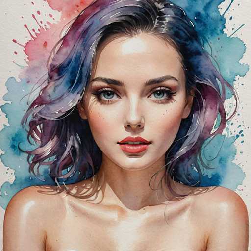 The image depicts a woman with long dark hair and striking blue eyes wearing minimal makeup. The background is a gradient of colors transitioning from pink at the top to purple at the bottom, creating an abstract watercolor effect that adds depth and texture to the scene.
