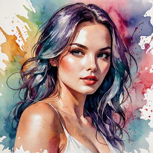 The image depicts a woman with long dark hair wearing a white dress and has blue eyes. The background is a vibrant mix of colors including pink, purple, green, and orange splatters.