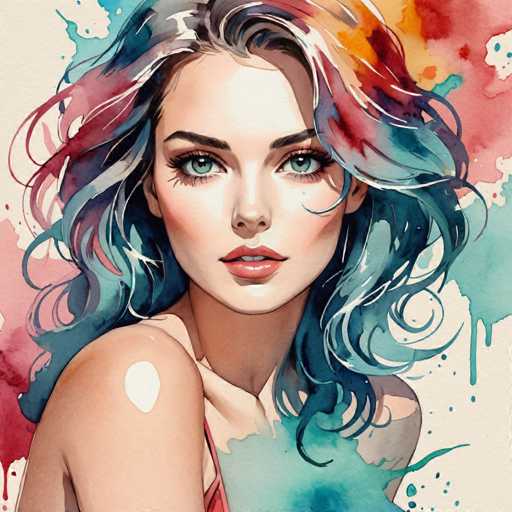 The image depicts a woman with long, wavy hair wearing a red top and blue eyeshadow. The background is a gradient of colors that blend into each other, creating an abstract effect.