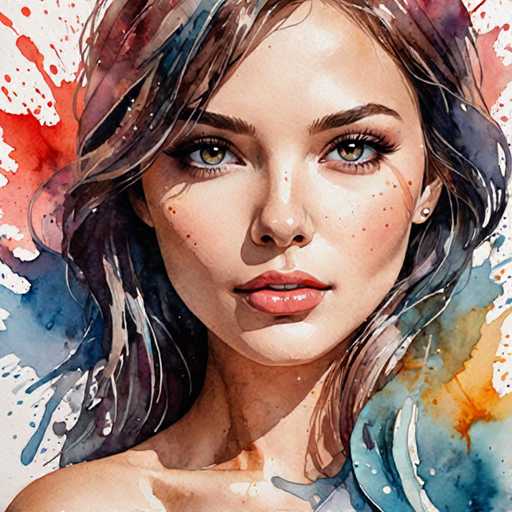 The image depicts a woman with long brown hair and striking green eyes looking directly at the camera. The background is a vibrant mix of red, blue, and yellow splatters, creating an abstract backdrop that contrasts with the woman's figure.