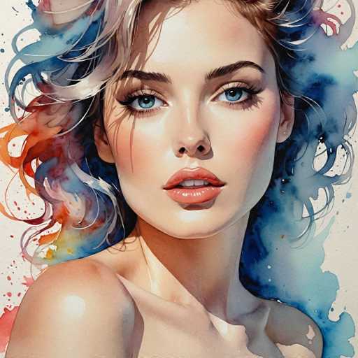 The image depicts a woman with long blonde hair and blue eyes looking directly at the camera. The background is a gradient of colors transitioning from red on the left side to blue on the right side, creating an abstract pattern that adds depth to the composition.