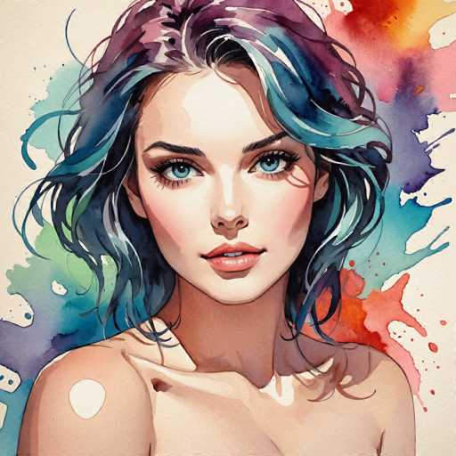 The image depicts a woman with long hair and blue eyes wearing a purple dress. The background is a vibrant mix of colors including red, green, yellow, and orange splatters.