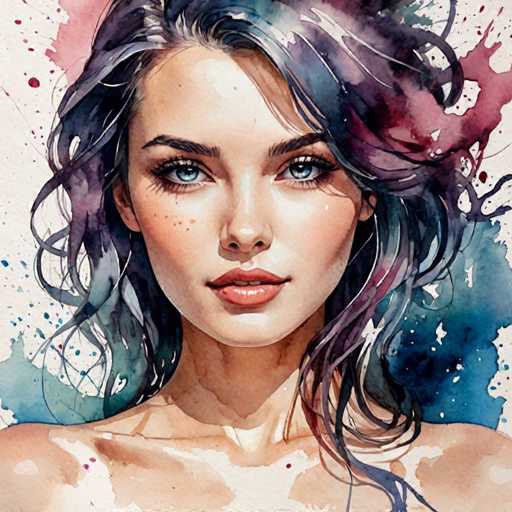 The image depicts a woman with long dark hair and blue eyes looking directly at the camera. The background is a gradient of colors that blend into each other, creating an abstract effect. The artist's signature can be seen in the bottom right corner.