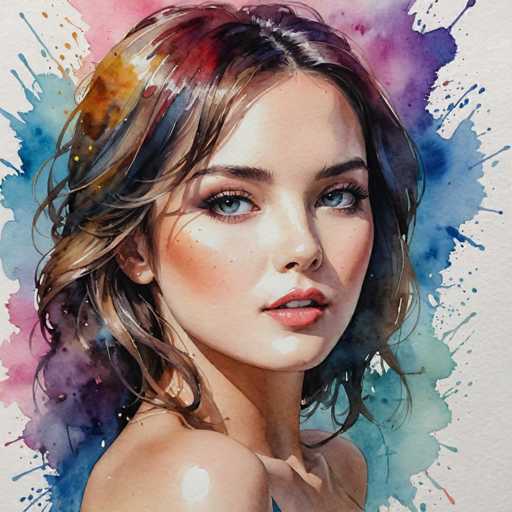 The image depicts a woman with long brown hair and blue eyes looking directly at the camera. The background is a vibrant mix of purple and pink splatters, creating an abstract backdrop that contrasts with the woman's natural features. The painting style is realistic, capturing the subject's facial features in great detail.