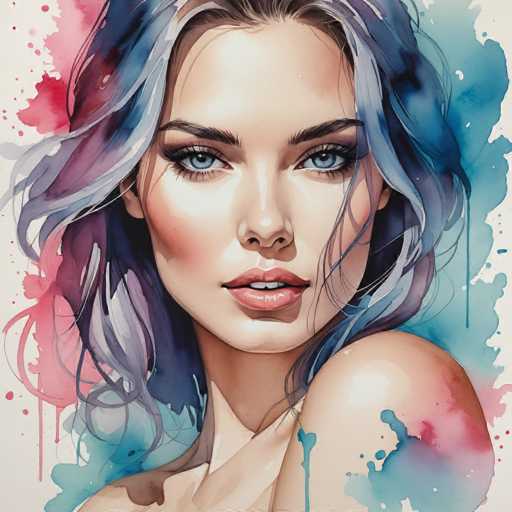 The image depicts a woman with blue eyes and long hair wearing a white dress against a background of pink and blue watercolor splatters. The painting style is realistic, capturing the subject's features in detail.