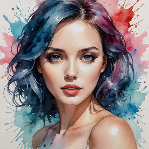 The image depicts a woman with long dark hair wearing a white dress against a background of red and blue splatters. The painting style is realistic, focusing on the intricate details of the subject's face and features.