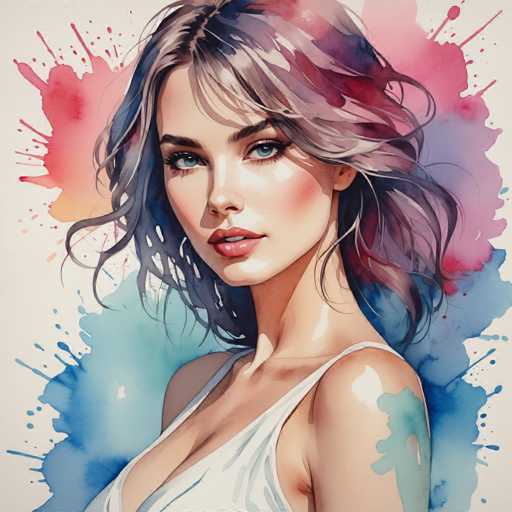 The image depicts a woman with long hair wearing a white tank top and blue splotches on her shoulder. The background is a gradient of pink and blue colors, creating a vibrant and dynamic atmosphere. The woman's gaze is directed towards the camera, suggesting she is posing for the photo.
