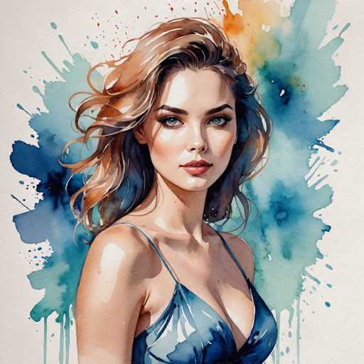 The image depicts a woman with long brown hair wearing a blue dress and looking directly at the camera. The background is filled with splashes of blue and green colors, creating an abstract art style that adds depth to the scene.