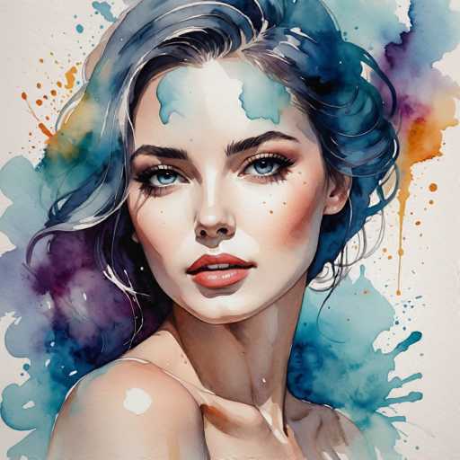 The image depicts a woman with long dark hair and blue eyes looking directly at the camera. The background is a white canvas splattered with purple and orange paint splatters, creating an abstract backdrop for the portrait.