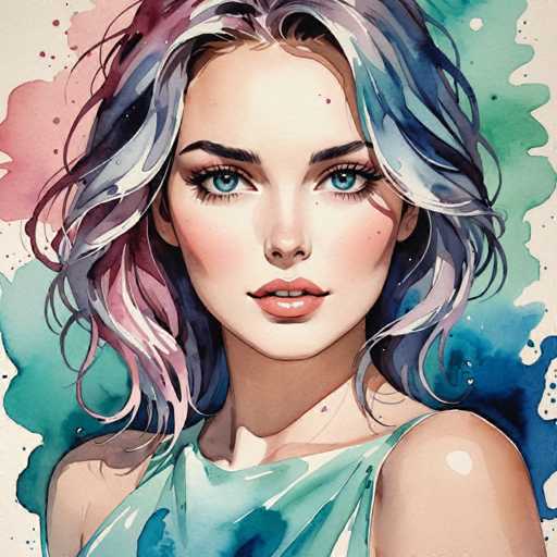 The image depicts a woman with blue eyes and long hair wearing a green dress against a backdrop of watercolor splatters. The painting style is realistic, capturing the subject's features and expression in detail.