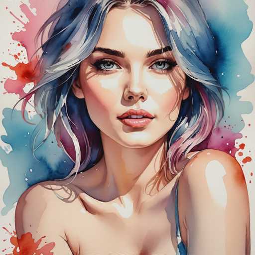 The image depicts a woman with blue hair wearing a black top and white tank top against a background of red and pink splatters. The painting style is realistic, focusing on the subject's facial features and expression.
