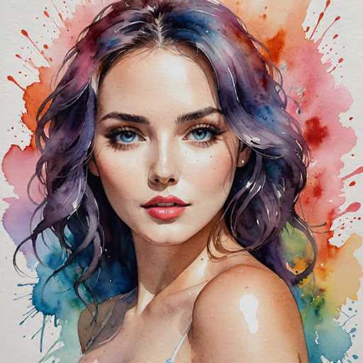 The image depicts a woman with long dark hair and striking blue eyes looking directly at the camera. The background is a vibrant mix of red, orange, yellow, green, and purple splatters, creating an abstract backdrop that complements the subject's features.