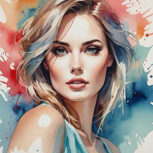 The image depicts a woman with blonde hair wearing a blue dress against an abstract background of red and orange splatters. The painting style is realistic, capturing the woman's features and expression with precision.