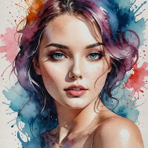 The image depicts a woman with long hair and blue eyes looking directly at the camera. The background is filled with splashes of red, pink, and blue colors, creating an abstract and vibrant atmosphere around her.