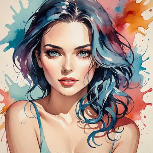 The image depicts a woman with long dark hair wearing a blue dress and has striking blue eyes. The background is a vibrant mix of red, orange, and yellow splatters, creating an abstract backdrop that contrasts with the woman's figure.