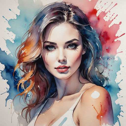The image depicts a woman with long brown hair wearing a white tank top and blue eyeshadow. The background is a vibrant mix of red, blue, and green colors, creating an abstract backdrop that complements the subject's features.