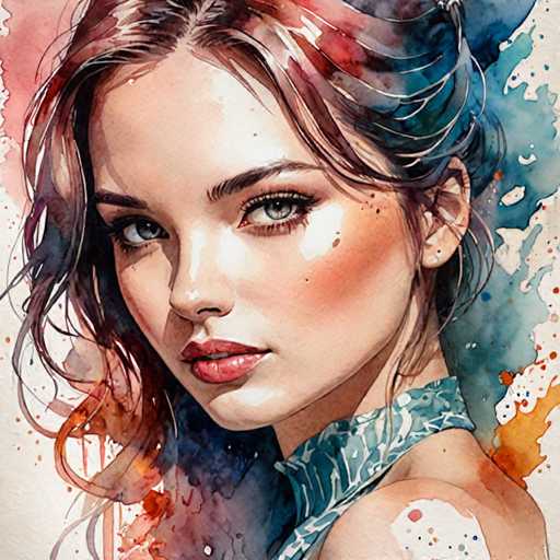 The image depicts a woman with long brown hair wearing a blue and white patterned top. The background is a gradient of colors that blend into each other, creating an abstract effect. The artist's signature "sa_1234" can be seen in the bottom right corner.
