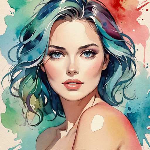 The image depicts a woman with blue hair and green eyes looking directly at the camera. The background is a vibrant mix of red, white, and blue colors, creating an abstract backdrop that complements the subject's appearance.
