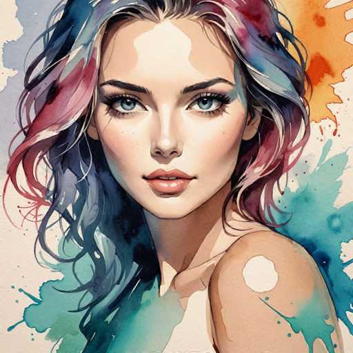 The image depicts a woman with long hair and blue eyes looking directly at the camera. The background is a vibrant mix of colors including shades of pink, orange, and blue.