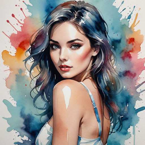 The image depicts a woman with long dark hair wearing a white dress and blue top. She is looking directly at the camera, creating an engaging portrait-like effect. The background features splashes of red, yellow, and blue colors, adding depth to the scene.